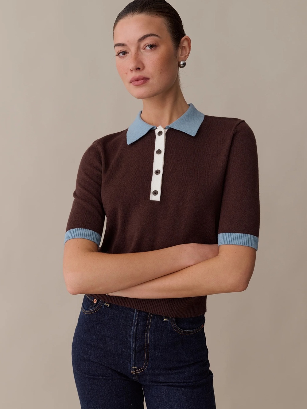 Caara brown/blue short sleeve sweater